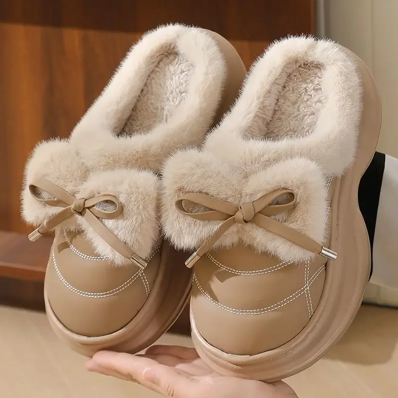 

Women's Fashion Princess Style PU Cotton Slippers Closed Toe Thick Sole Winter Warm Home Outdoor Wearable Cold Proof Slippers