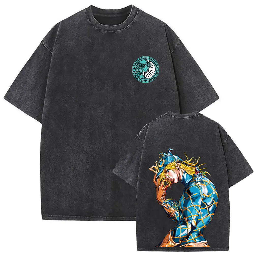 Anime Jojo's Bizarre Adventure STEEL BALL RUN Vintage Acid Washed T Shirt Men Women Manga Casual T-shirt Oversized Streetwear