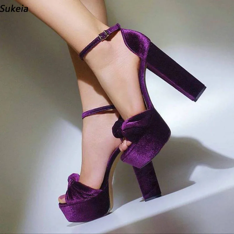 Sukeia Stylish Women Summer Sandals Suede Chunky Heels Open Toe Pretty Purple Party Shoes Ladies US Size 5-20