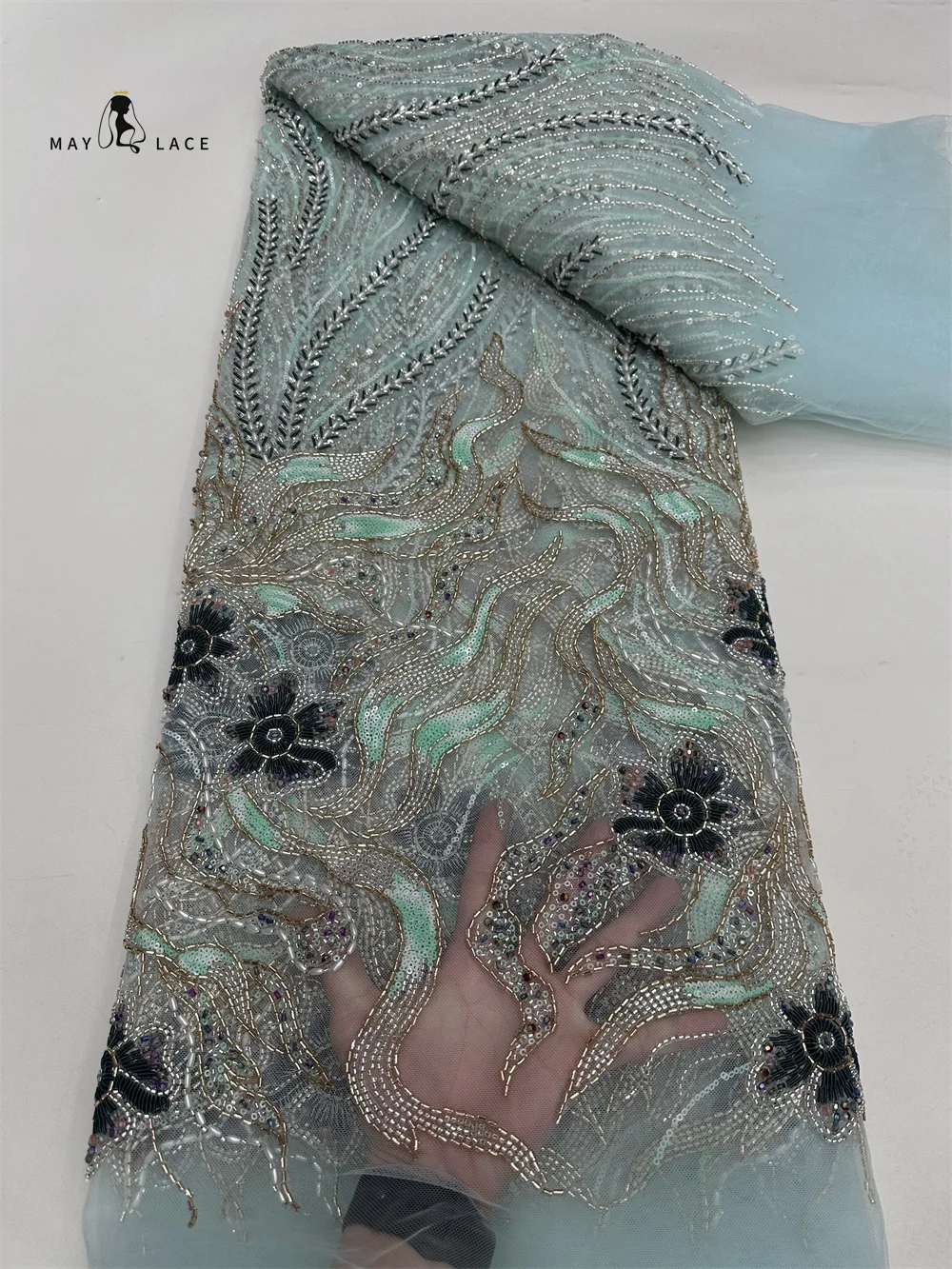 

African Mesh Sequins Lace Fabric 5 Yards 2025 High Quality Beaded Nigerian French Groom Mesh Lace Fabric for Wedding Dress Women