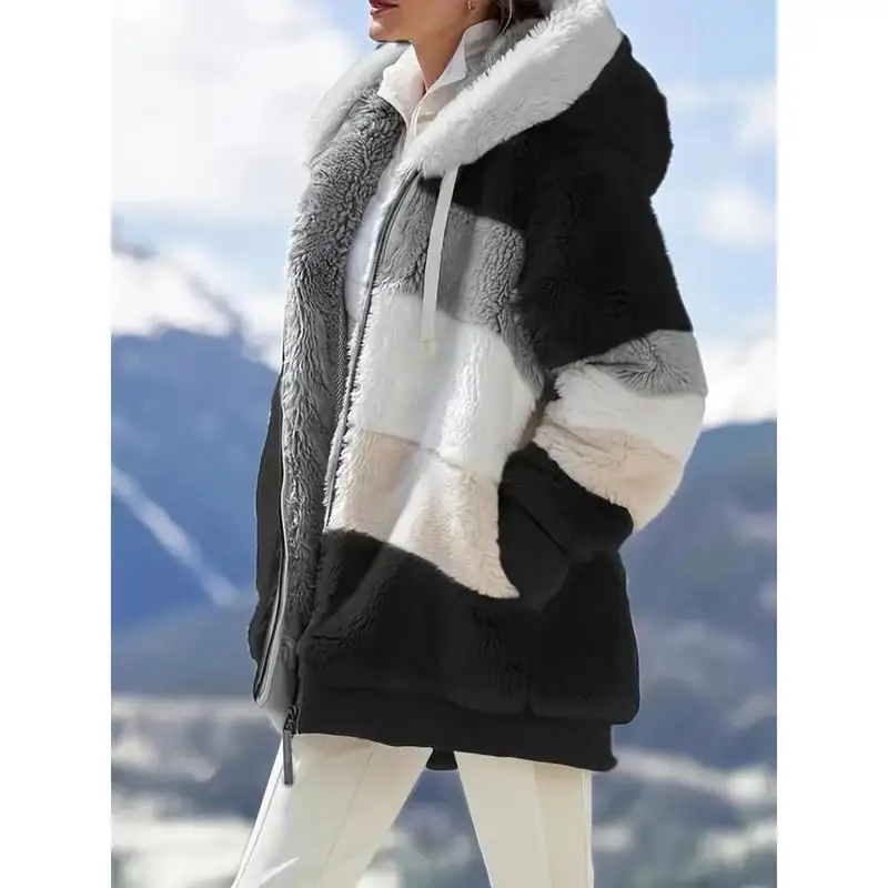 

Plush Hooded Coat G 83413 Women's Fashion Spring 2026 Fur Trimmed Outerwear Soft Velvet Material No Brand Registered Trademark
