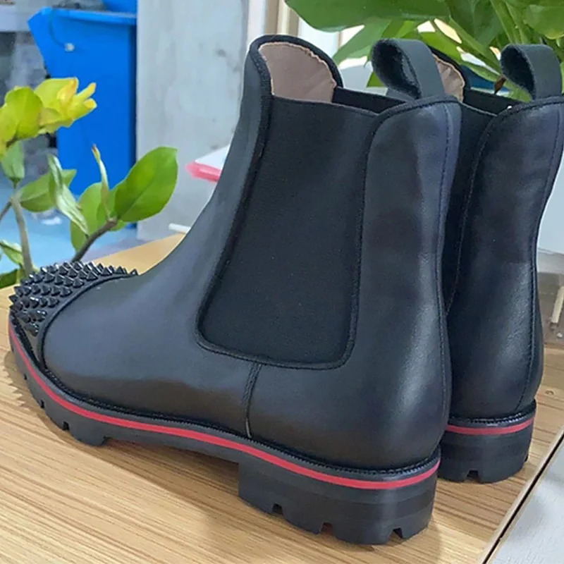 Classic Studded Stretch Leather Men\'s Ankle Boots Male Square Heel Round Toe Black Shoes Slip On Luxury Men\'s Short Boots