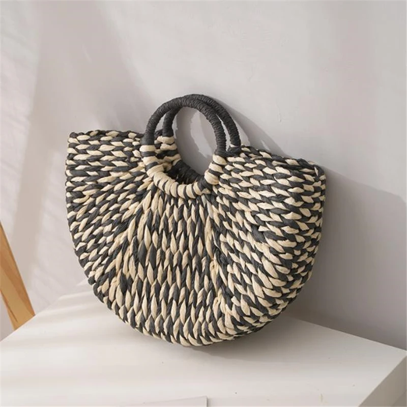 Summer Handmade Bags for Women Beach Weaving Ladies Straw Bag Wrapped Beach Bag Moon shaped Top Handle Handbags Totes