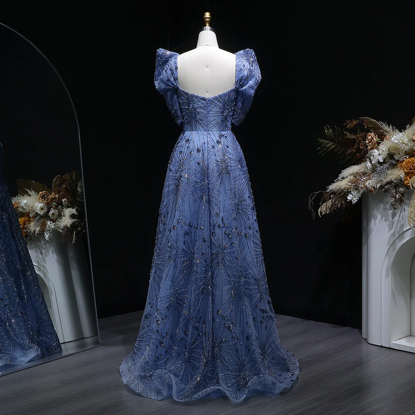 Sharon Said Dubai Luxuriöses Blaues Abendkleid mit Puffärmeln und Schwerer Perlenstickerei, Saudi-Arabisches Damen-Hochzeitskleid, Formelles Partykleid SS080 Maßanfertigung – Detail 10