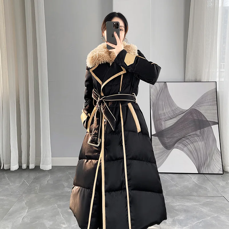 Parkas High-End Thicken Long Women Black Patchwork Lamb Hair 90% White Duck Down Coat Silver Winter Warm Ladies Outwear New