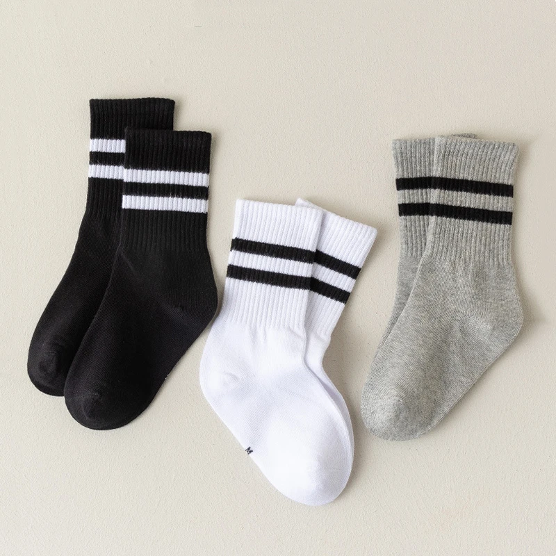 Children Sports Socks Pure Cotton Black White Gray Striped Boys Girls Student Sports Socks Four Season