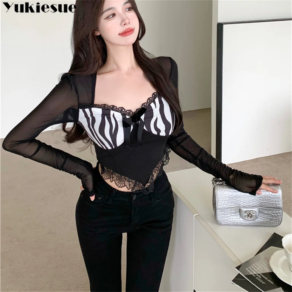 2022 Nieuwe Sexy Mesh See Through T-shirt Zwart Korte Blouse Herfst Vrouwen Vierkante Hals Lange Mouw Zebra Print Top vintage Kleding