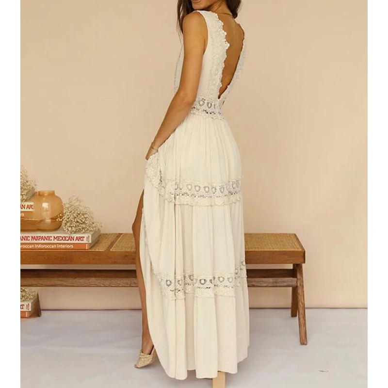 Elegancka damska letnia sukienka Bohemian Lace Patchwork White Long Dress V Neck Sexy Sleeveless Maxi Dresses Lady Vestidos Femme Платье