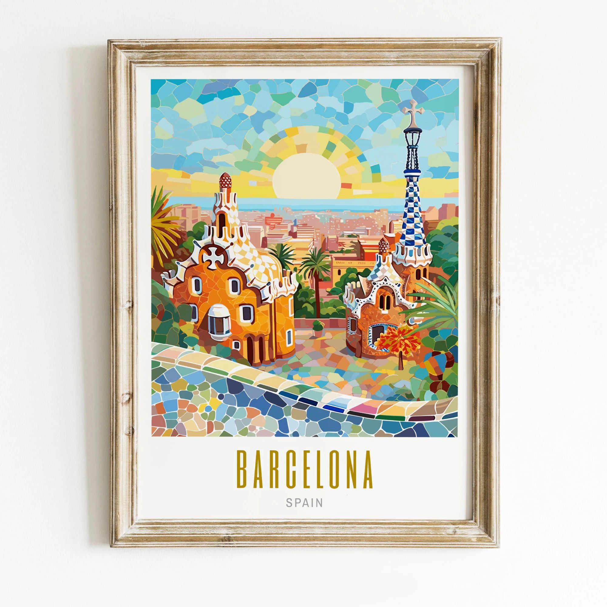 Barcelona travel poster Park Guell Spain poster Canvas painting print art Vintage city wall art Spain city mural home decor