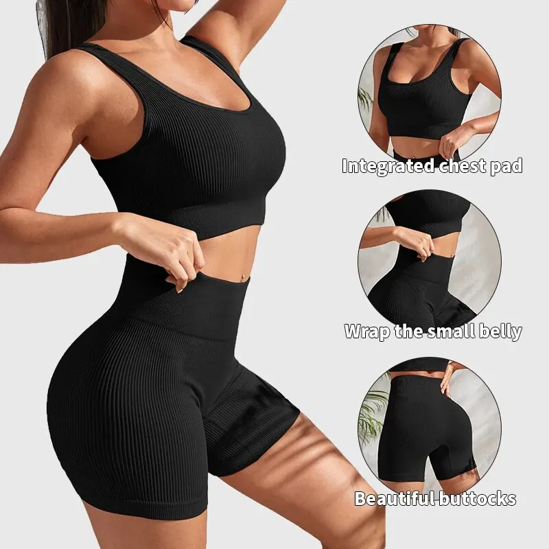 Collezione AliExpress Set da Yoga a coste senza cuciture set da allenamento per donna 2 pezzi tute da palestra canotta corta a coste pantaloncini a vita alta abiti Fitness Running