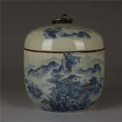 Chinese Blue and White Porcelain Jar Red Landscape Pattern Pot Tea Caddy 4.72