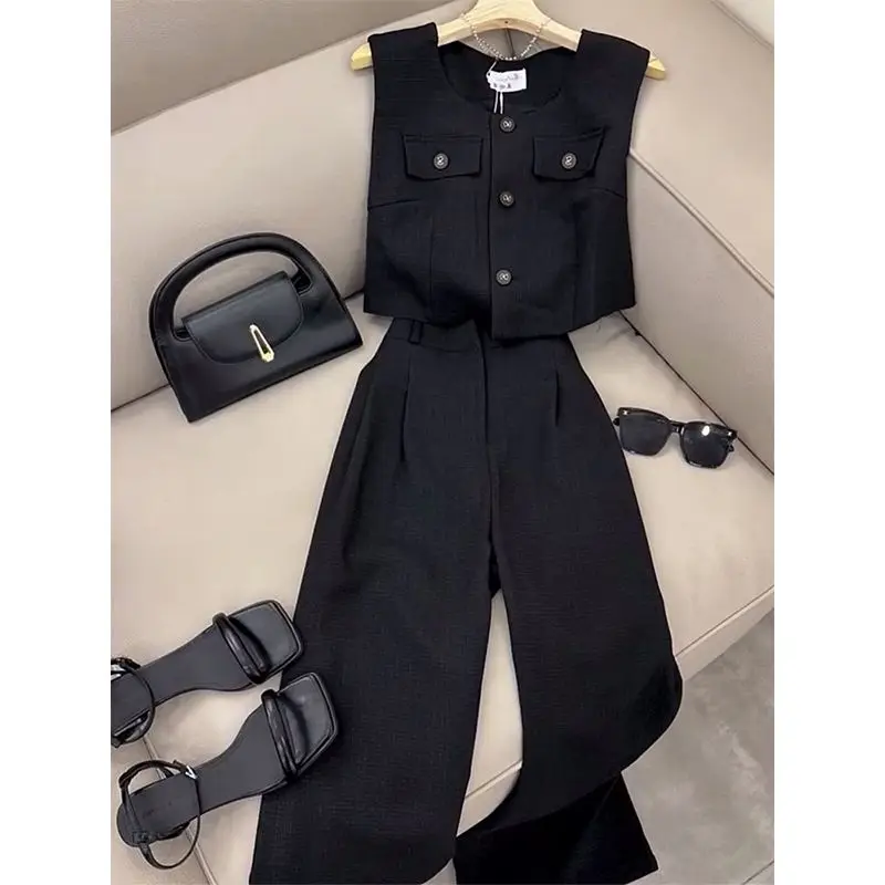 Two-piece female 2024 summer new Korean fashion sleeveless vest top+high waist straight wide-leg pants suit