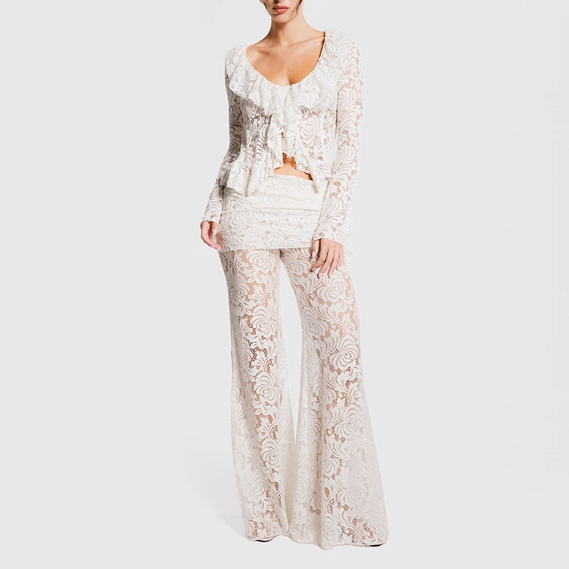 Elegant Ruffled Edge Solid 2Pc Suit Sexy V-neck Long Sleeve Tops & Flare Pants Set Women Fashion Lace Embroidery Hollow Outfits