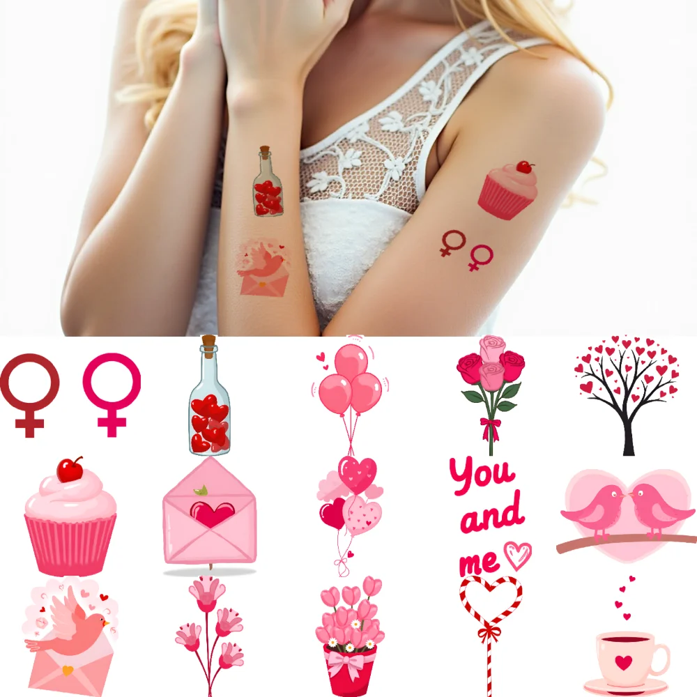 

63pcs Temporary Tattoo Hearts Cartoon Teddy Bears Roses Waterproof Long-lasting Body Stickers Cupcakes For Boys Adults Men
