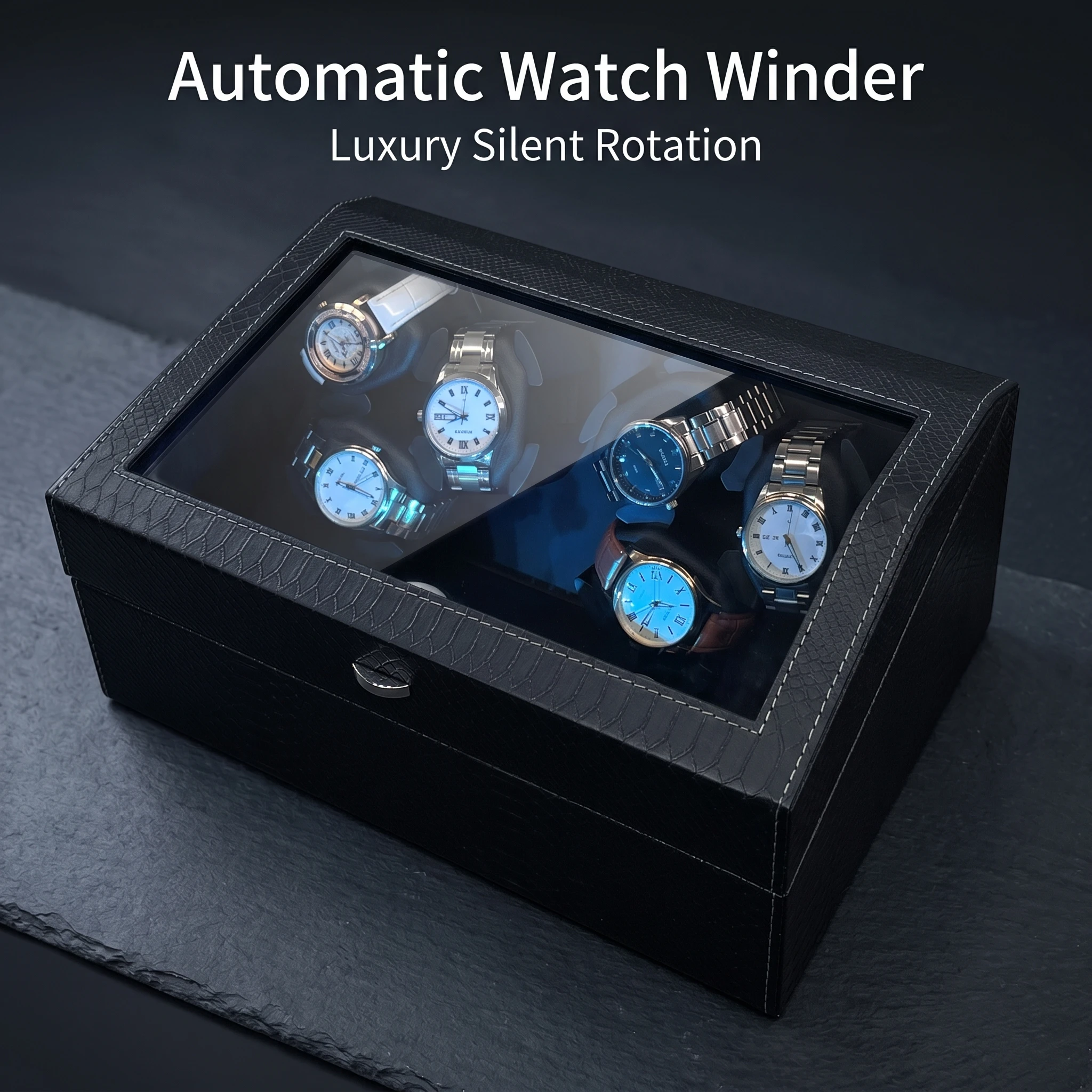 

Crocodile Leather Automatic Watch Winder Silent Mabuchi Motor Bidirectional Rotation LED Light 6+6 Slots Mechanical Watch box