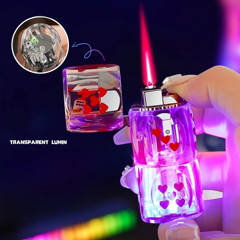 

New Flash Transparent Dice Inflatable Lighter Windproof Jet Pink Flame Inflatable Portable Cool Lighter Smoking Gift