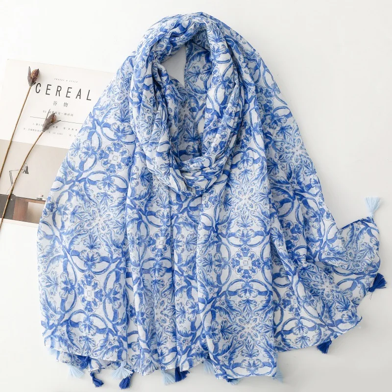 

Luxury Blue Floral Women Scarf Summer Beach Shawl Cotton Linen Feeling Tassel Pashmina Muslim Hijab Wrap Lady Viscose Scarf