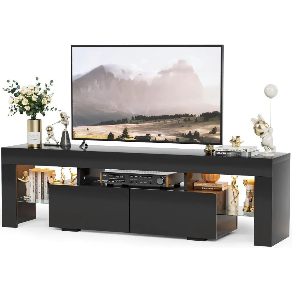 Modern LED TV Stand for Televisions up to 70 Inch with Glass Shelves and Drawer, Gaming Entertainment Center with Multiple