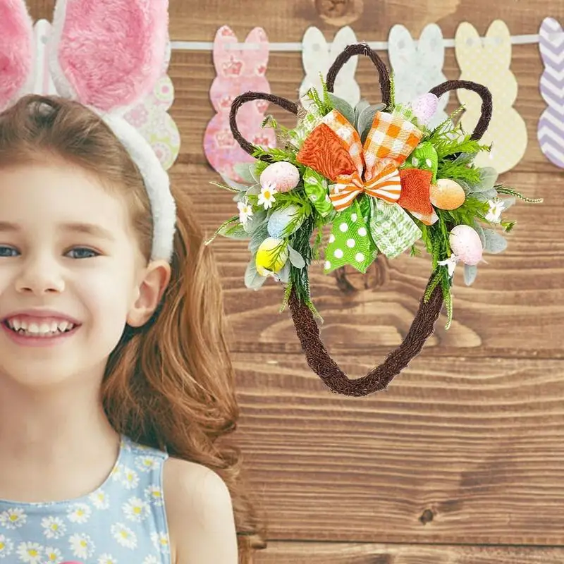 

Easter Egg Wreath Bunny Head Shape Spring Eggs Wreath Easter Decor Natural Rattan Door Sign Spring Decorations With Plaid Bow