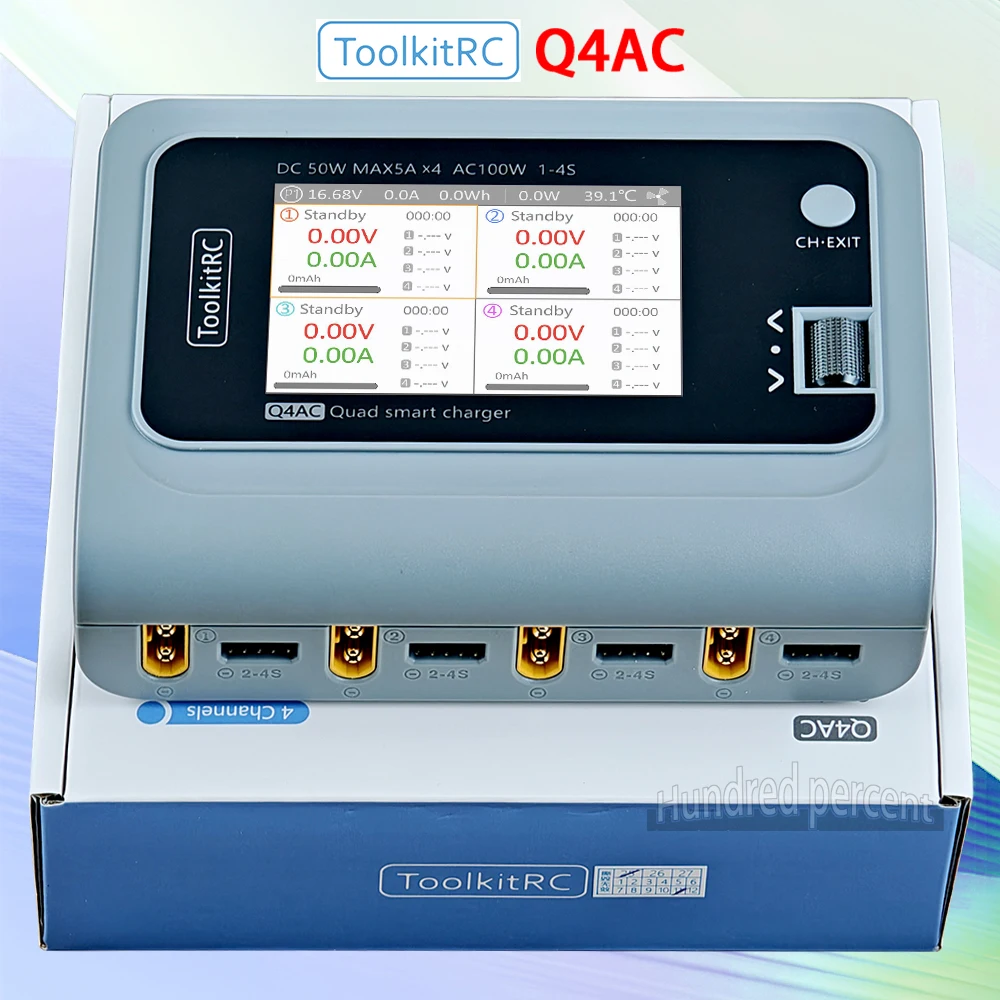 ToolkitRC Q4AC Ladegerät 1-4S XT60 Adapter IPS-Display Spielzeug-Lithium-Batterie Intelligente Spannungsausgleichung DC 4x50W 5A AC100W 4-Port