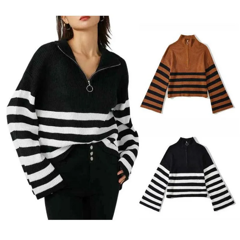 

Women's Autumn Winter Sweaters High Necked Zippered Striped Knitted Sweater