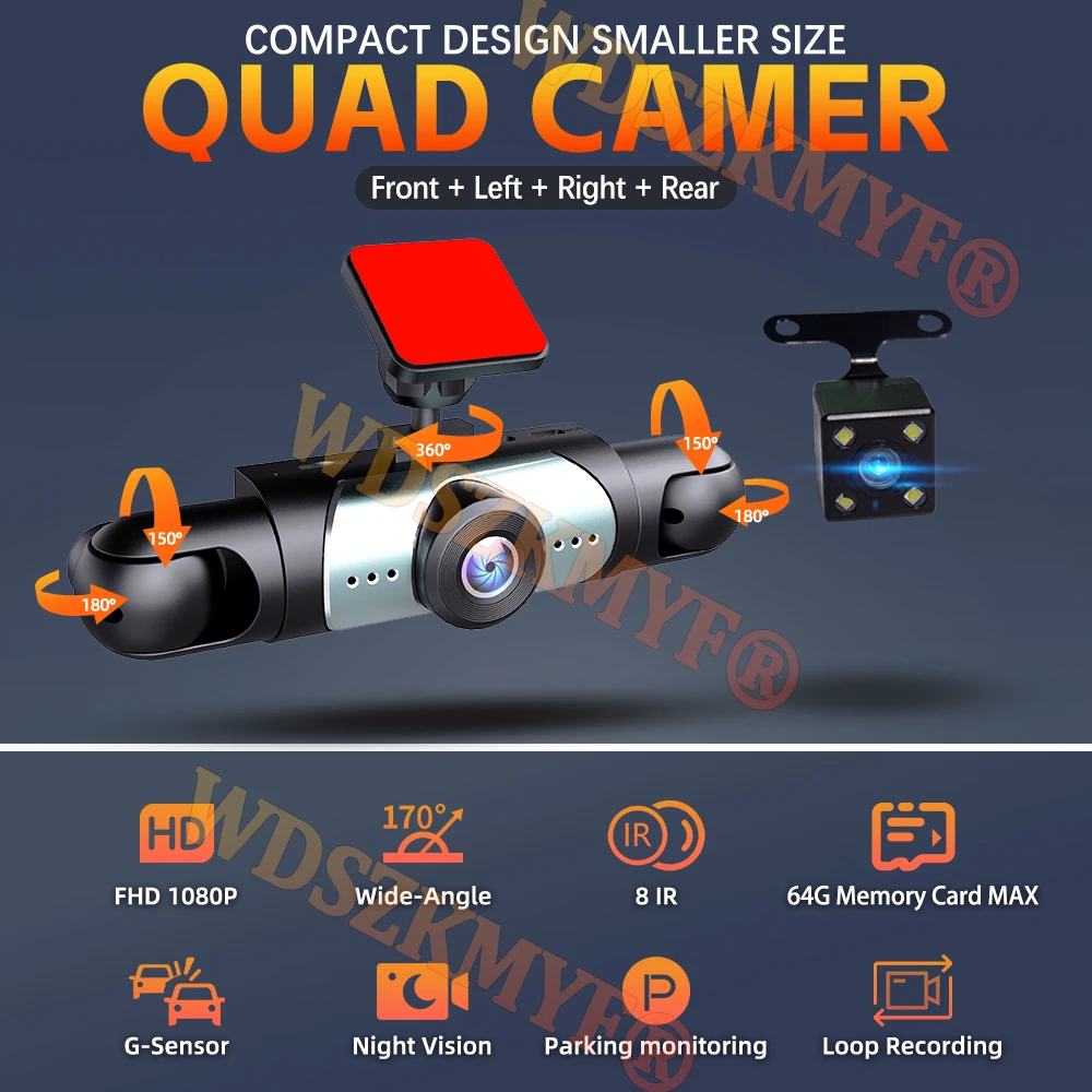 360° Car Dash Cam 4 Channels Video Recorder 1080P Car DVR 3/4 lens Front inside optionalRear View Night Vision Black Box