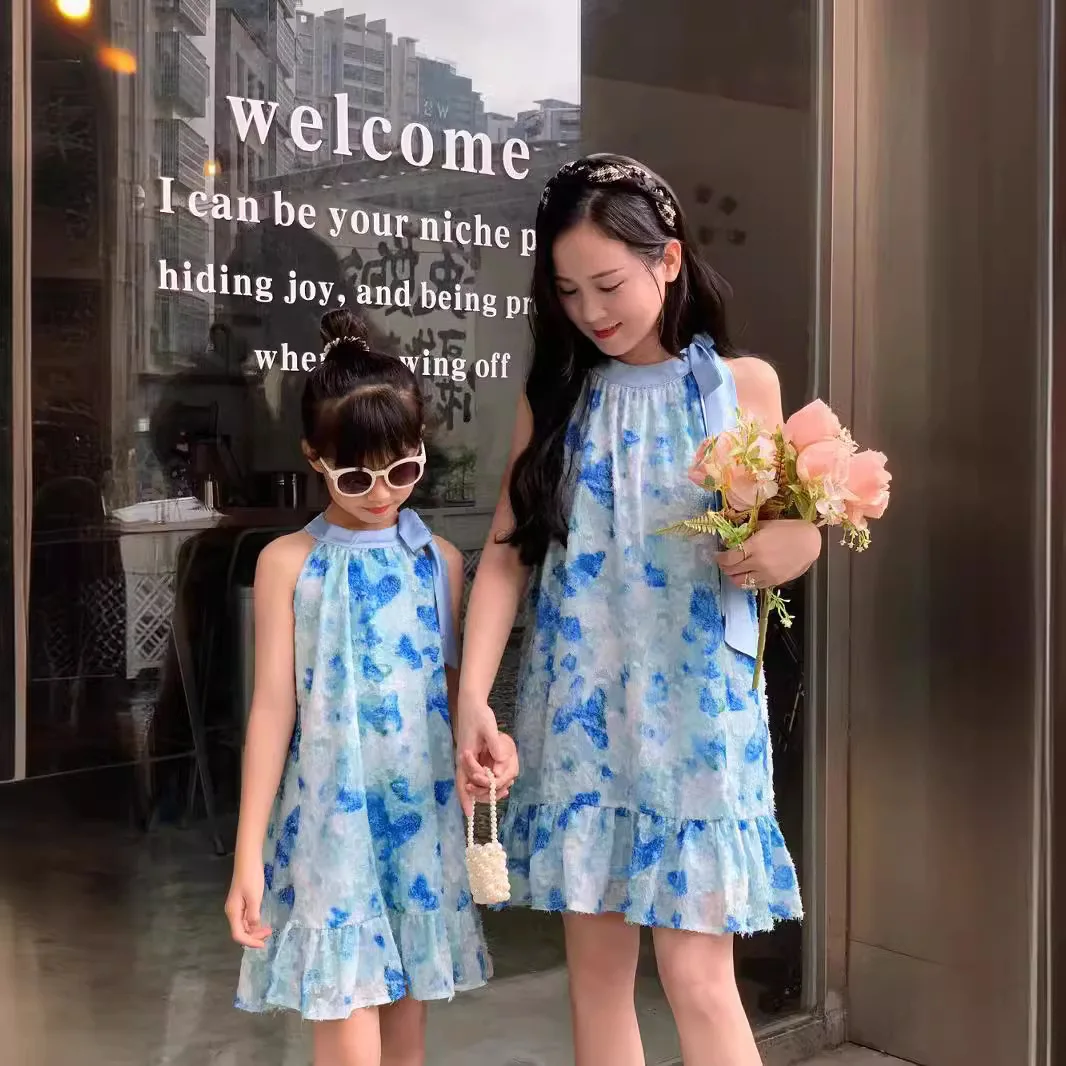 Holiday Look Mom and Daughter Blue Dress Vacation Mother Baby Girls Beach Resort Dresses Momy and Me Clothing Korean Women Frock