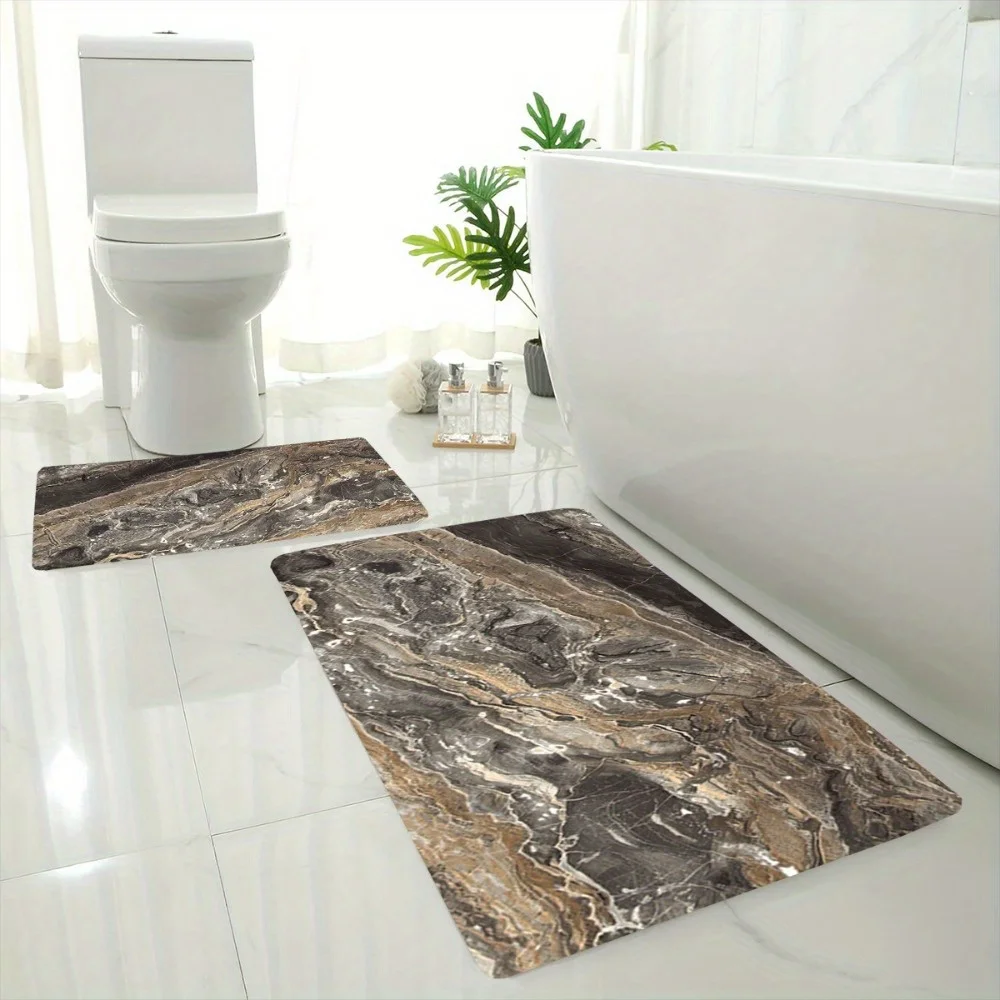 2pcs/ 3pcs/ Set Vintage Brown Smudge Marble Printed Bathroom Floor Mat Set, Home Decoration Area Carpet, Machine Washable, Was