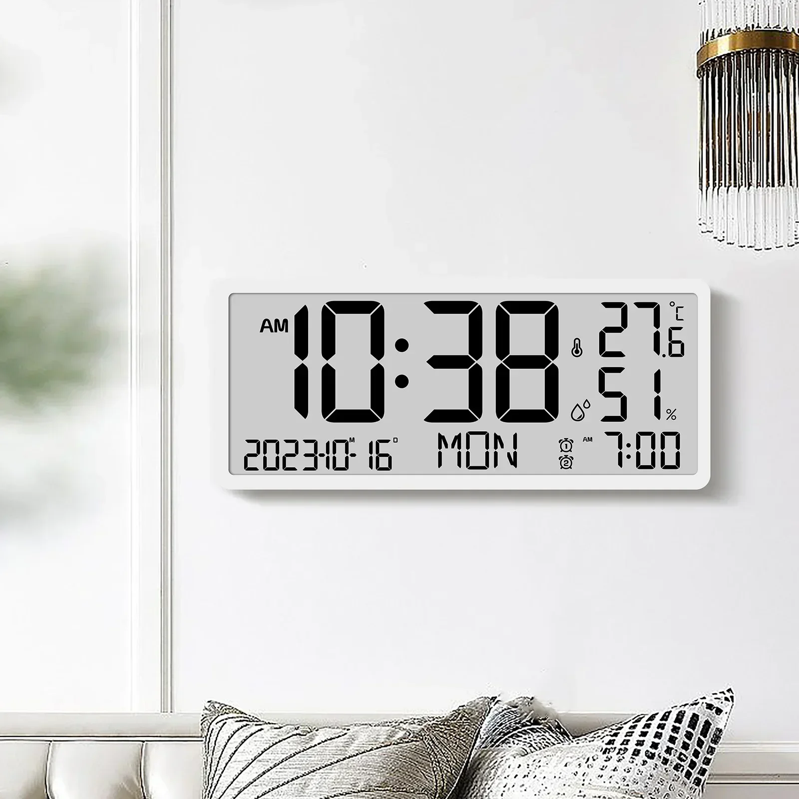 Large Number Electronic Wall Clock Temperature Humidity Display Alarm Clock Hanging/Desktop Digital Clock Plugged in LCD Clock