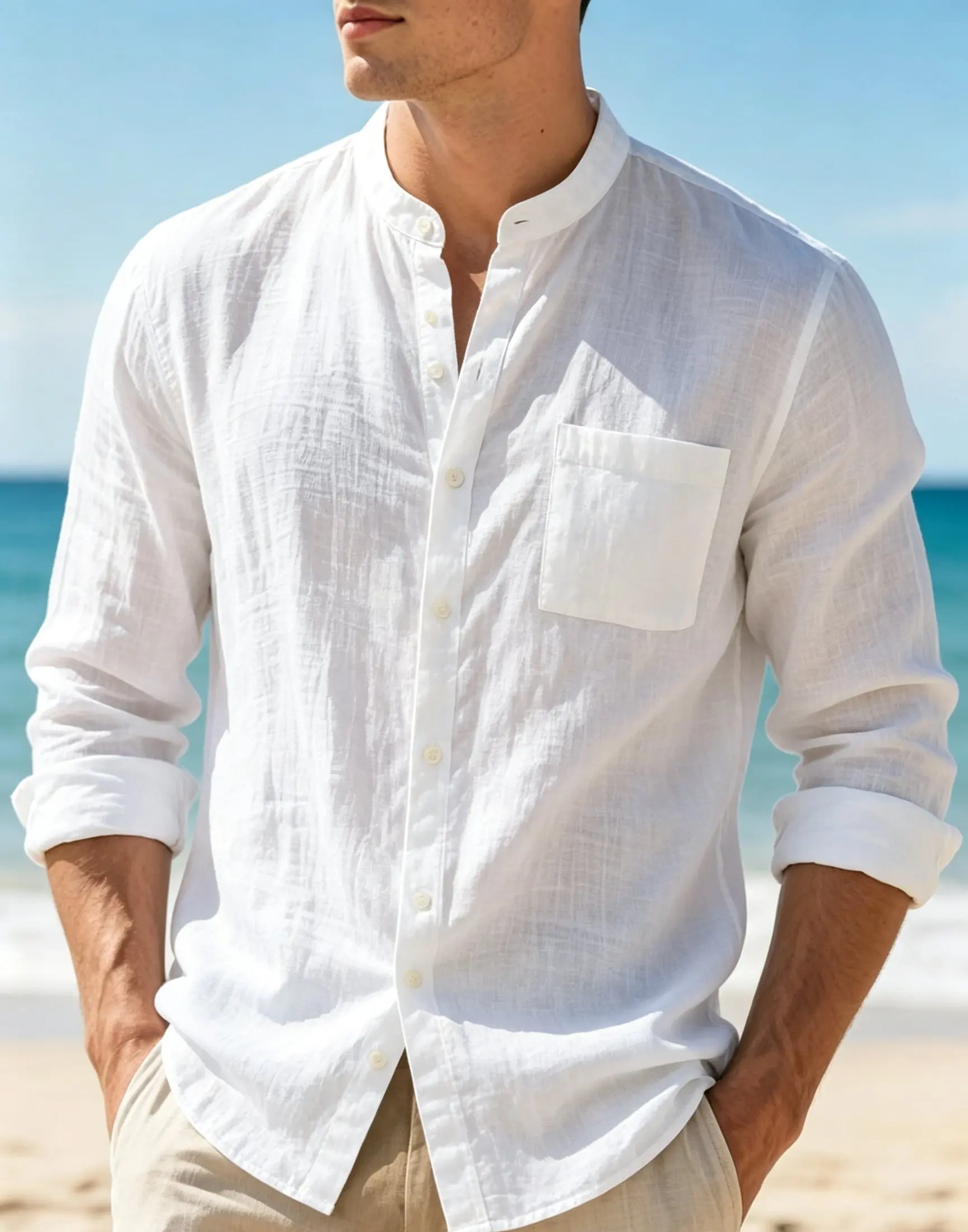 Minimalist Men's White Linen Button-Down Shirt, Stand Collar, Modern Office & Weekend Essential
