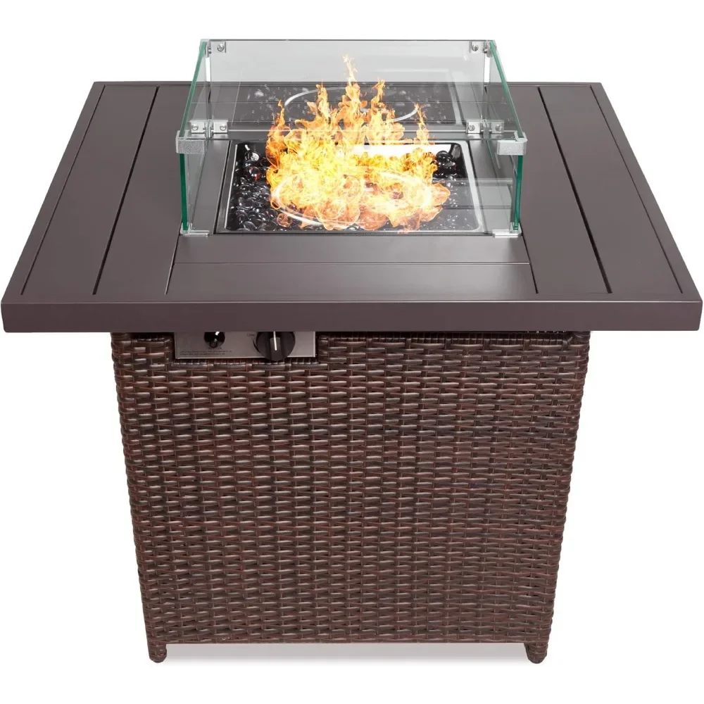 

32in Fire Pit Table 50,000 BTU Outdoor Wicker Patio Propane Gas W/Glass Wind Guard, Aluminum Tabletop, Glass Rocks, Tank Storage