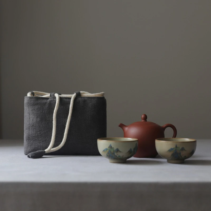 Travel Portable Tea Set Storage Bag Solid Color Travel Tea Set Teapot Cups Drawstring Pouches Drop-proof Organizer Cloth Bag