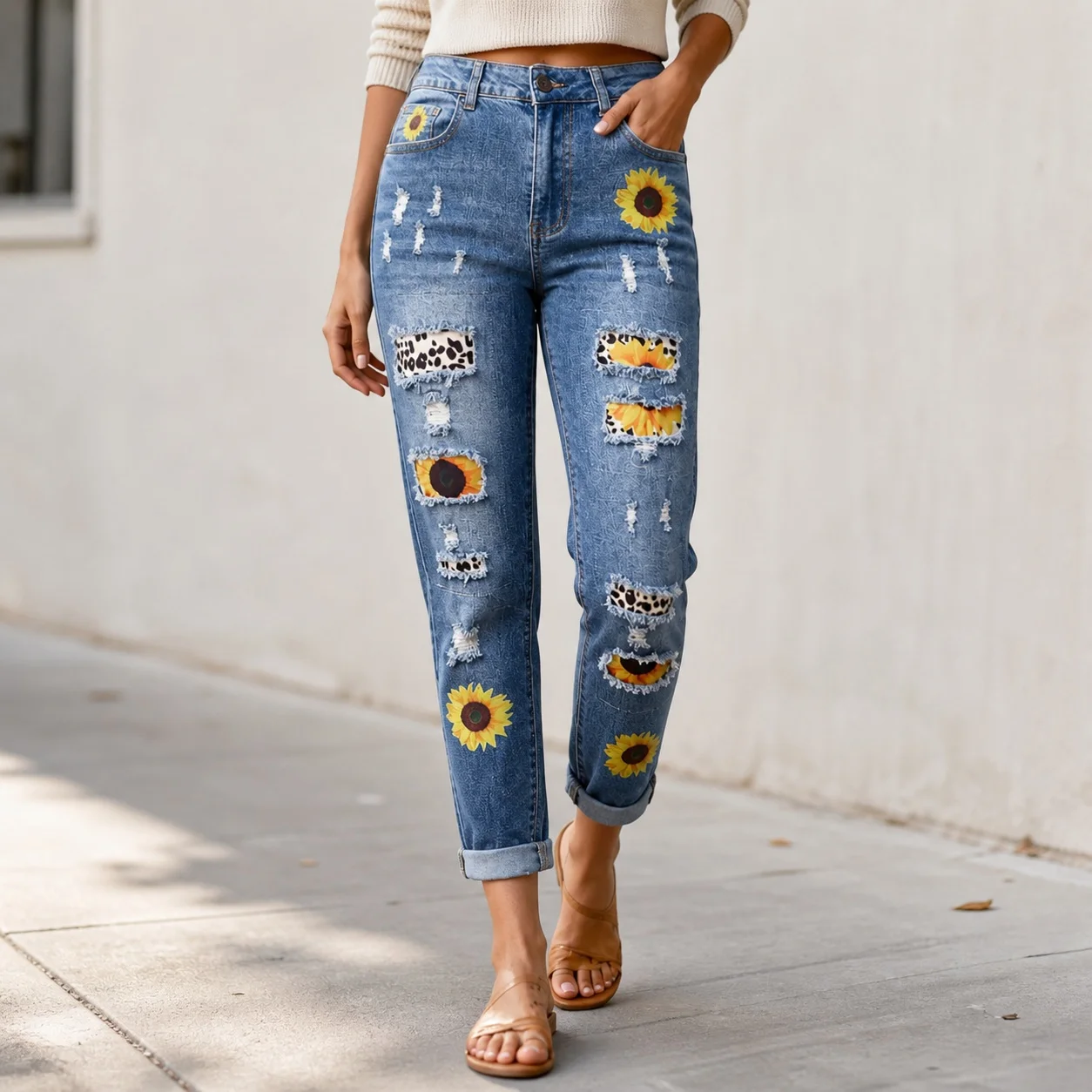 Women's Y2K Clothes Casual Mid Waist Cotton Washed Long Straight Leg Basic 3D Print Jeans for Women Distressed Ripped Cropped