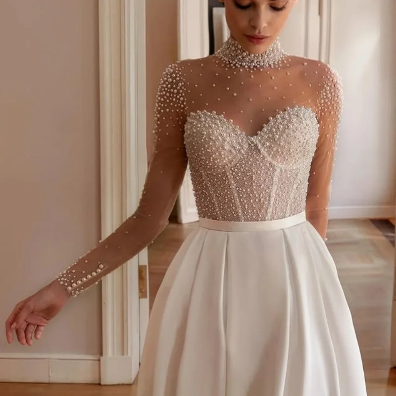 

ivory white Appliques Wedding Dresses pearl decal off-shoulder long sleeves Bridal Gowns Made Customized