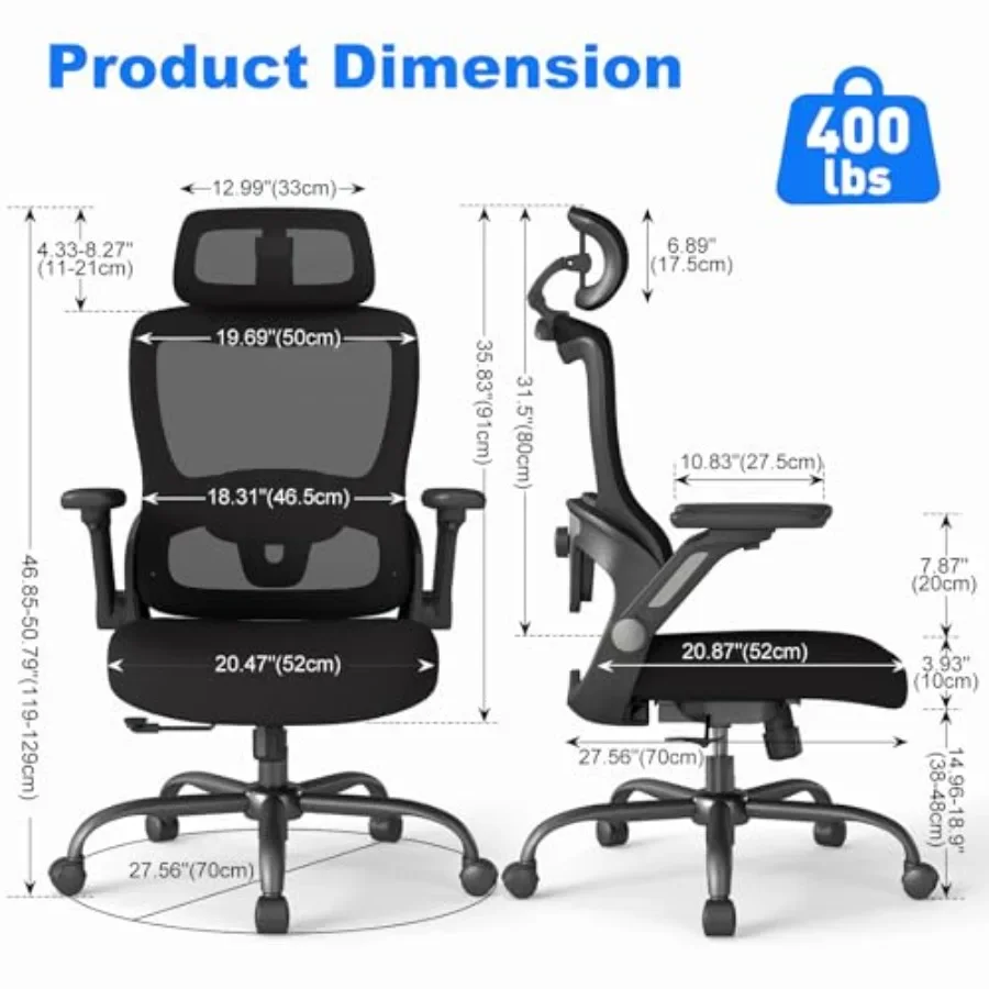 Ergonomic Office Chair for Home and Office Use, Mesh Back and Seat, Black, 4D Adjustable Armrests and Customizable Lumbar Suppo