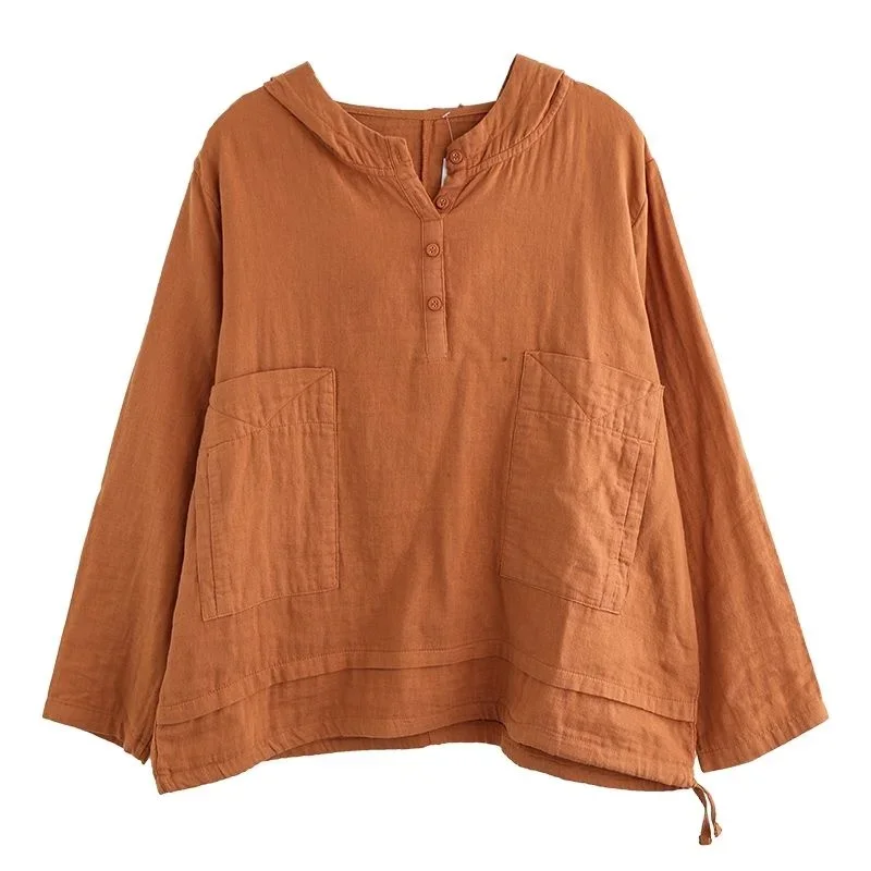 Women\'s Cotton Linen Hooded Shirt Vintage Spring Loose Thin Pullover Long Sleeve Top Simple Plus Size Solid Blouses Ladies Tops