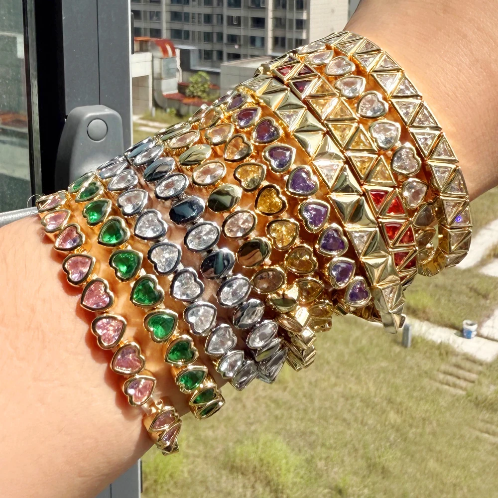 High Quality Fashion Colorful Bezel Heart CZ Cubic Zirconia Stretchy Stretch Rainbow Tennis Bracelets For Women Party Jewelry