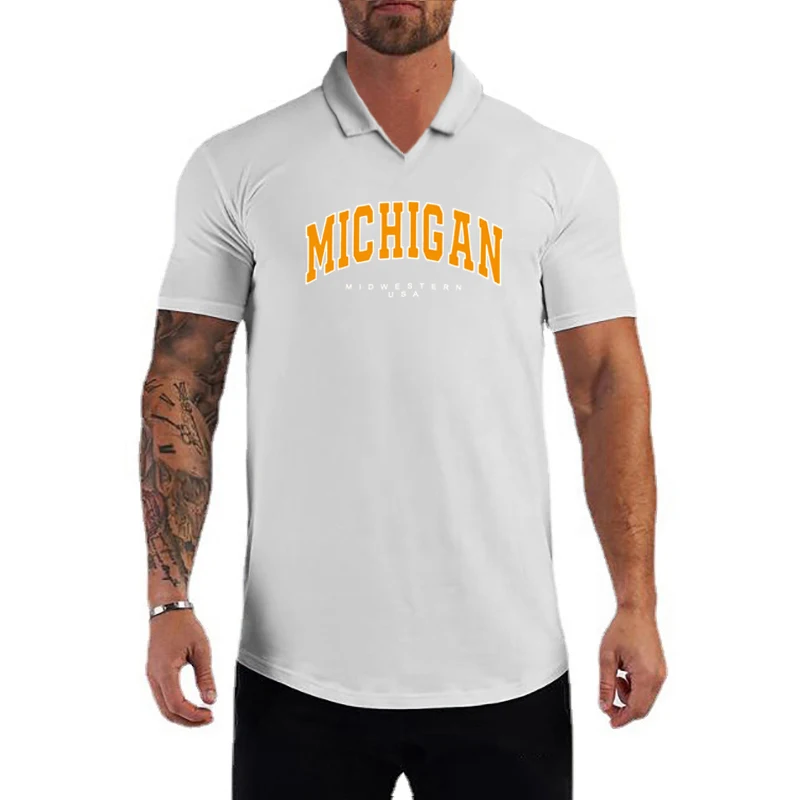 Michigan Midwestern USA Sport Polos Mens Fitness Cotton Breathable Tight Polo Shirt Gym Bodybuilding Short Sleeve V-neck T-Shirt