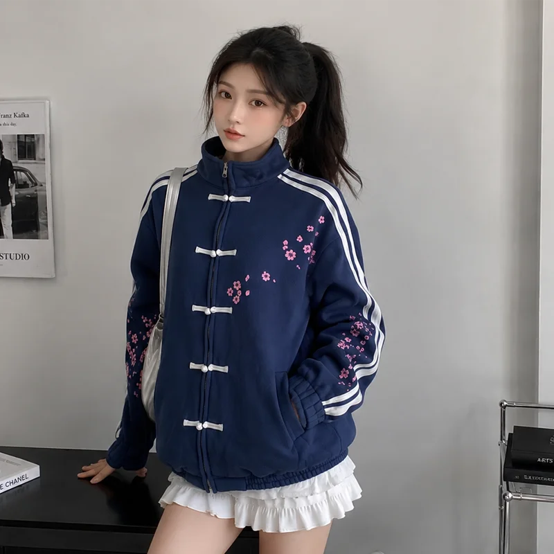 Damen-Sweatshirt mit Stehkragen und Reißverschluss, Kirschblüten-Stickerei, chinesische Knöpfe, Streetwear, lässige, lockere Passform, Jacke – Detail 5