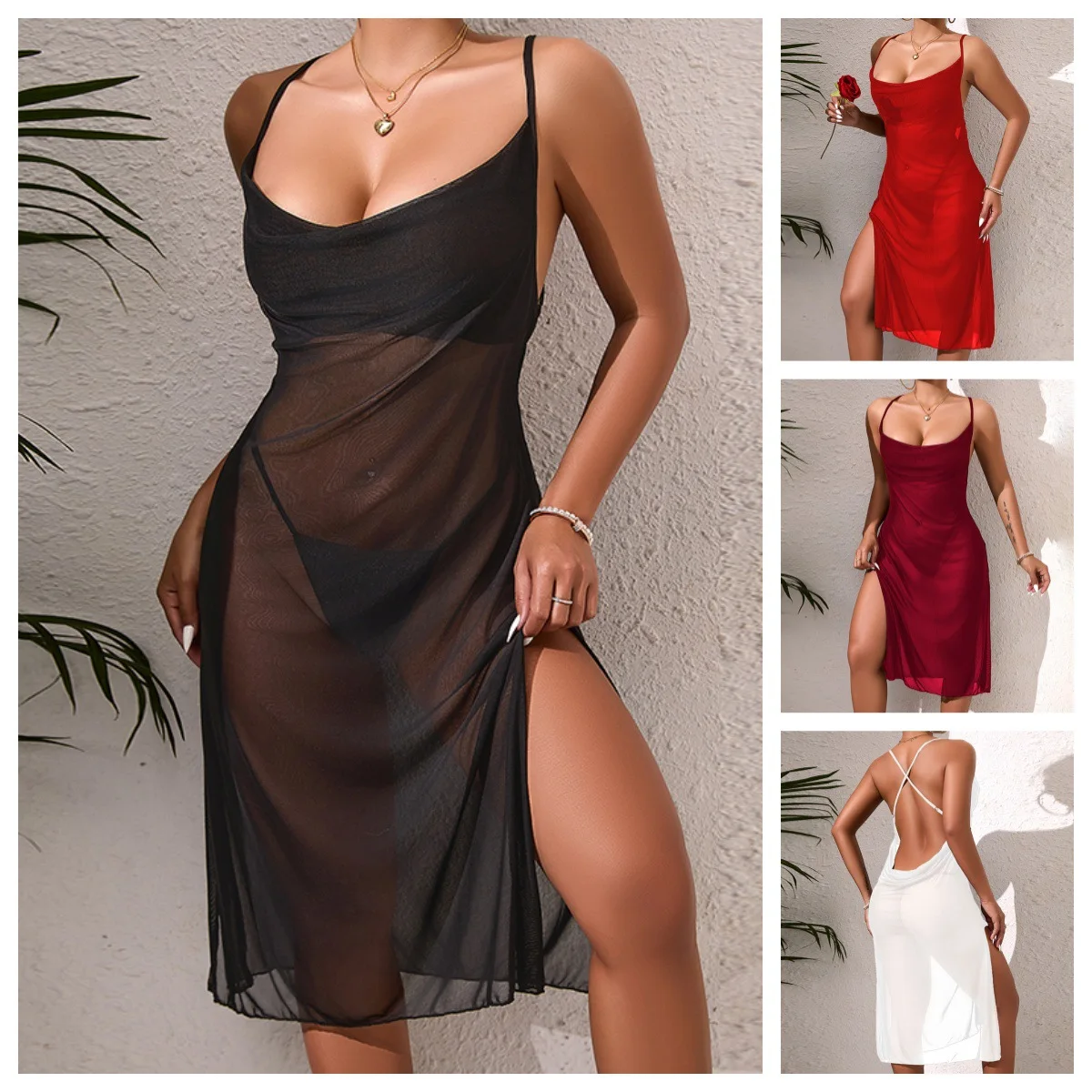 

European and American Sexy See-through Mesh Solid Color Long Suspender Skirt Backless Side Slit Slim Pajamas
