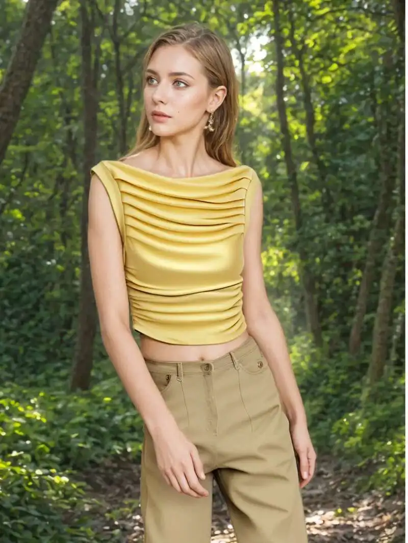 

Solid Color Slanted Shoulder Pleated One Line Collar Tank Top Women's 2024 Spring/summer New Slim Short Sleeveless Top MUT4