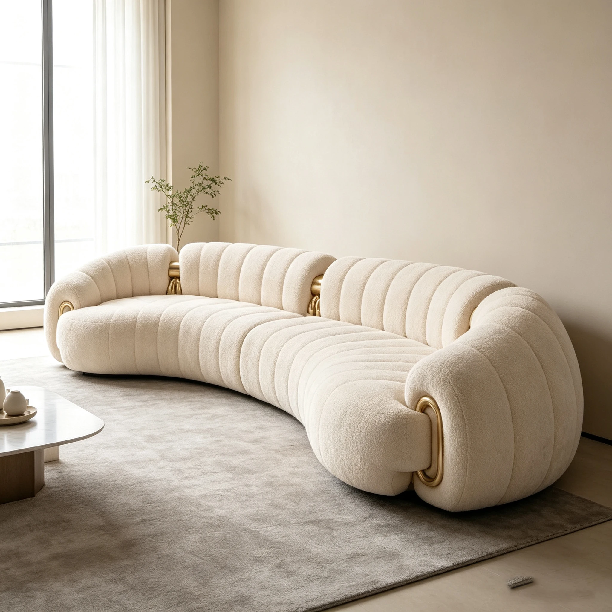 curved paragraph Teddy fabric sofa, electroplated gold pipe decoration, integrated glass fiber frame