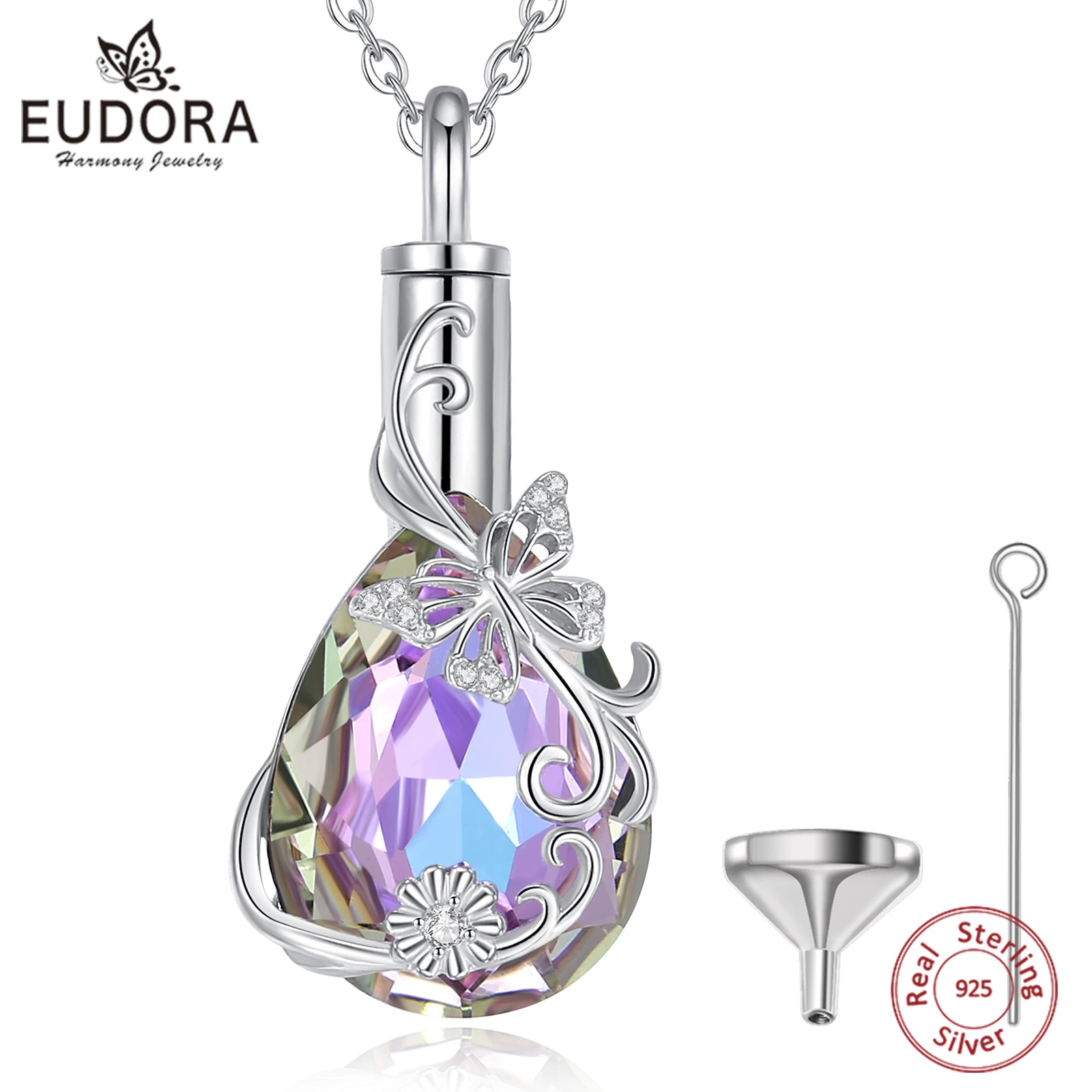 

Eudora 925 Sterling Silver Butterfly Flower Ashes Urn Pendant Purple Austrian Crystal Cremation Urn Memorial Jewelry Women Gift