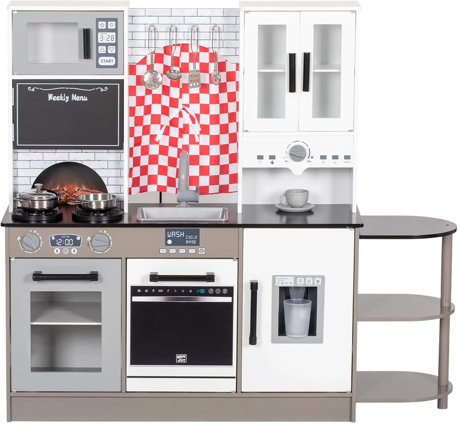 Kids Kitchen Playset, Wooden Toddler Kitchen Set w/Curtains, Coffee Maker, Storage Shelf, Stove,Sink, Utensils, Light & Sound, K