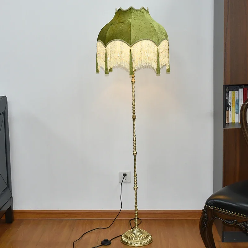 Okeyicao green imported velvet bead chain fringed hanging ear all copper fabric study living room floor lamp shade