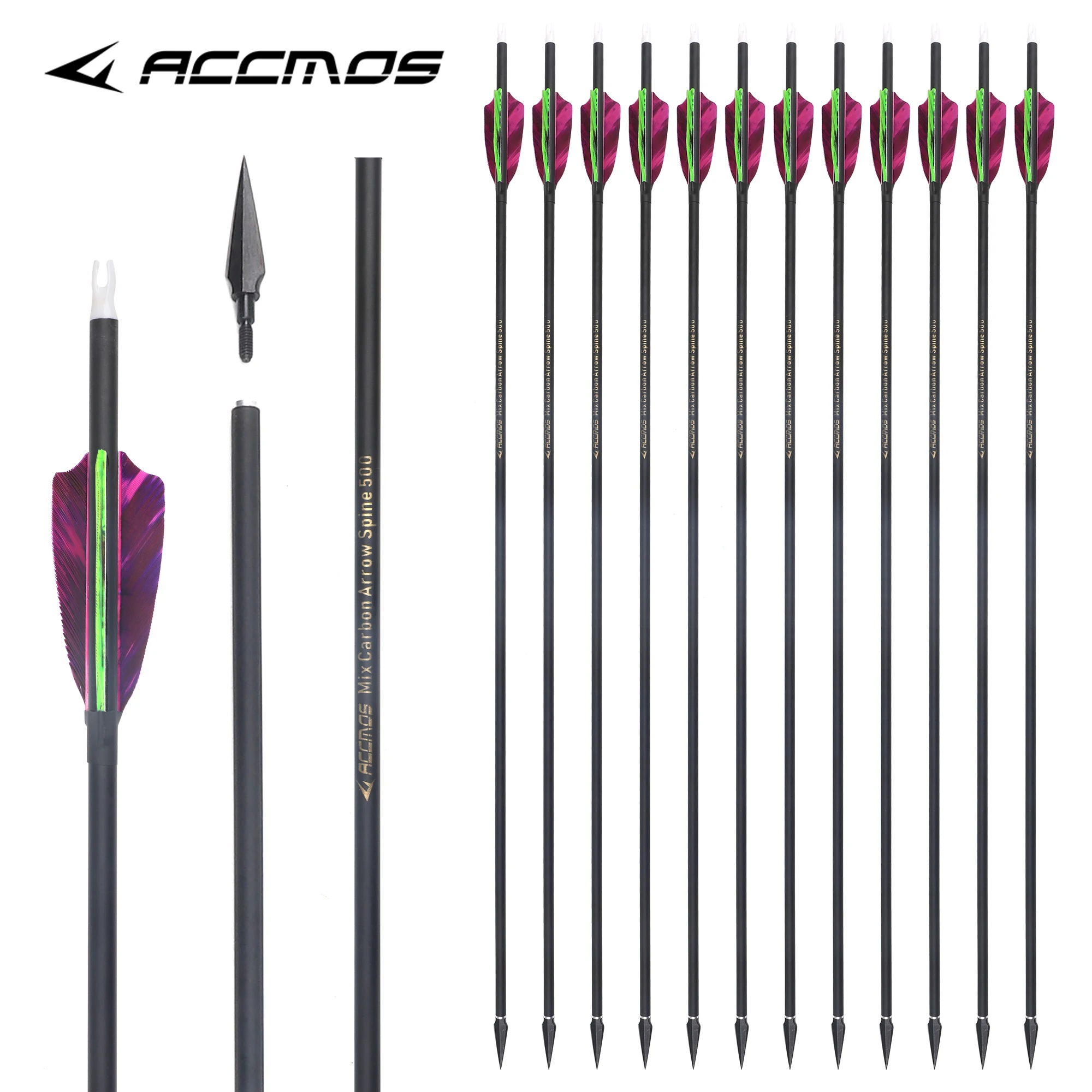 

ID6.2mm Archery Carbon Arrow Hunting Spine 300/350/400/500/600/700/800 Arrow Replaceable Arrowhead Camo Pink Green Feather Vanes