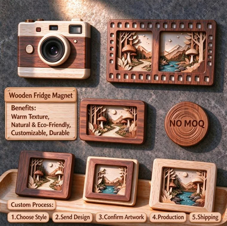 Custom Wooden Photo Frame Fridge Magnet DIY Crafts Wood Slice Tags Magnetic Decoration Round/Square 3D Creative Magnetic Sticker
