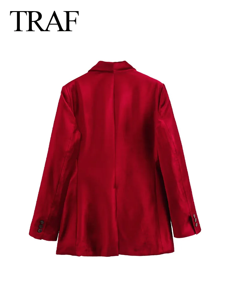 TRAF Female Blazers Coats Red Turn Down Collar Long Sleeves Pockets Decorate Single Button Woman\'s Fashion Spring Jackets