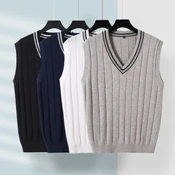 Sweater Vest Sleeveless V Neck Spliced Men Jumpers Knitted High Street Sweaters Loose Fit 2024 Slight Strech Winter Striped