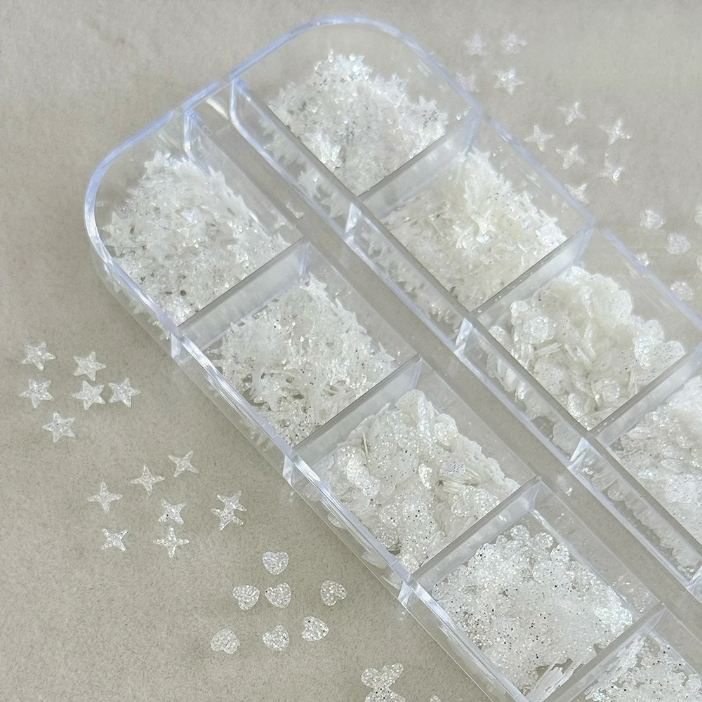 12Grids Christmas Sugar Diamond Snowflake Glitter Nail Charms Sparkling Star Butterfly Heart Nail Flakes DIY Winter Nail Decor view 5